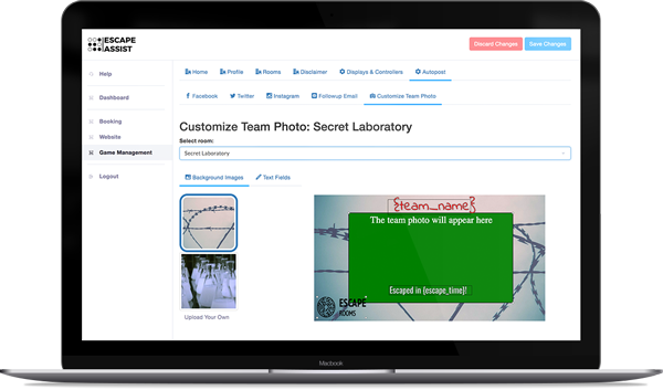 alt=”laptop showing EscapeAssist’s custom team photo editor used to personalize team photos with logo, team name, and escape time”
