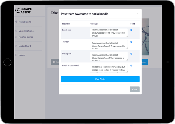 alt="tablet showing how escape room owners can use EscapeAssist software to personalize automatic follow-up emails and social media posts”