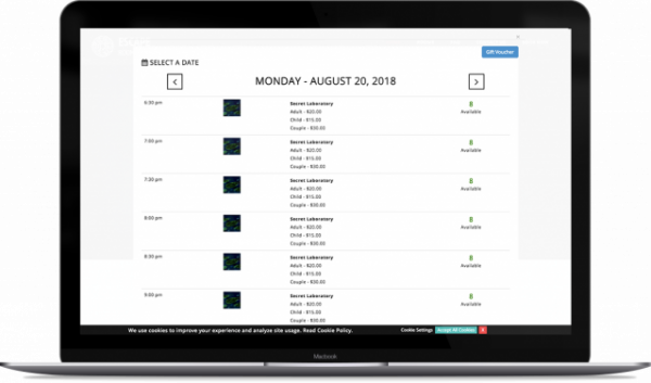 alt="laptop showing available game slots at flexible times thanks to EscapeAssist's schedule optimization tool: cascading bookings”