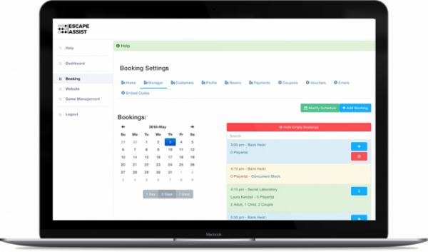alt="laptop showing blocked out game slots because an escape room is using EscapeAssist's maximum concurrent bookings feature”