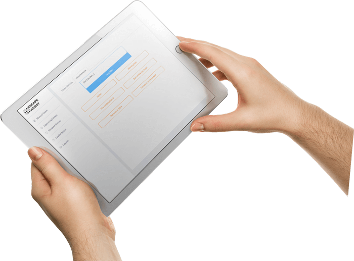 alt="hand held tablet showing EscapeAssist's game controller hint delivery options including pre-loaded and manually typed hints”