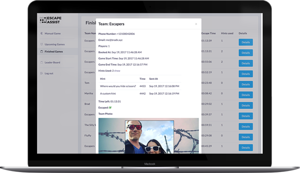 alt=”laptop displaying hint usage data collected by EscapeAssist's as part of its leaderboard system”