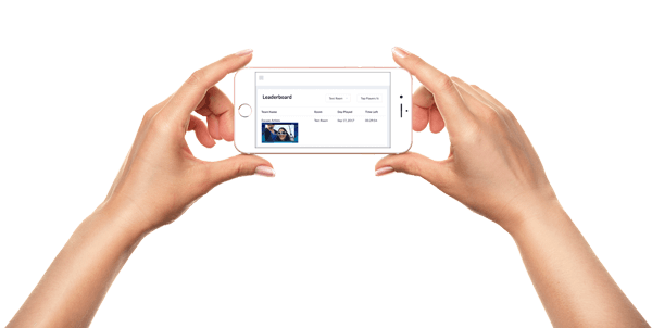alt="hand held cell phone showing EscapeAssist's leaderboard app that tracks hint usage and ranks winning teams by escape time”