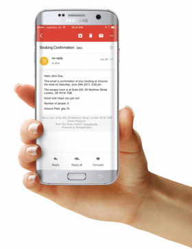 alt="cell phone showing booking notifications automatically sent to escape room owners and players by EscapeAssist's booking software”