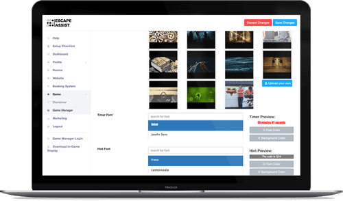 alt="laptop showing EscapeAssist's customizable in-game screen for escape rooms to display timer, images, hints, and sounds”