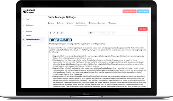 alt=”laptop displaying the pre-loaded text of EscapeAssist's digital waiver, that can be edited and customized to suit local laws”