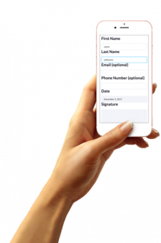 alt="hand held cell phone demonstrating how EscapeAssist's waiver can include custom data collection fields for players to fill out”